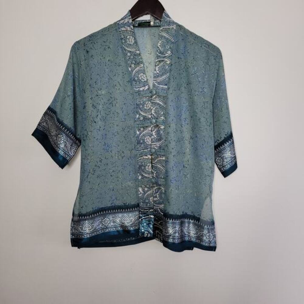 Baitong Open Front Kimono Top XL Blue‎ White Frog Button